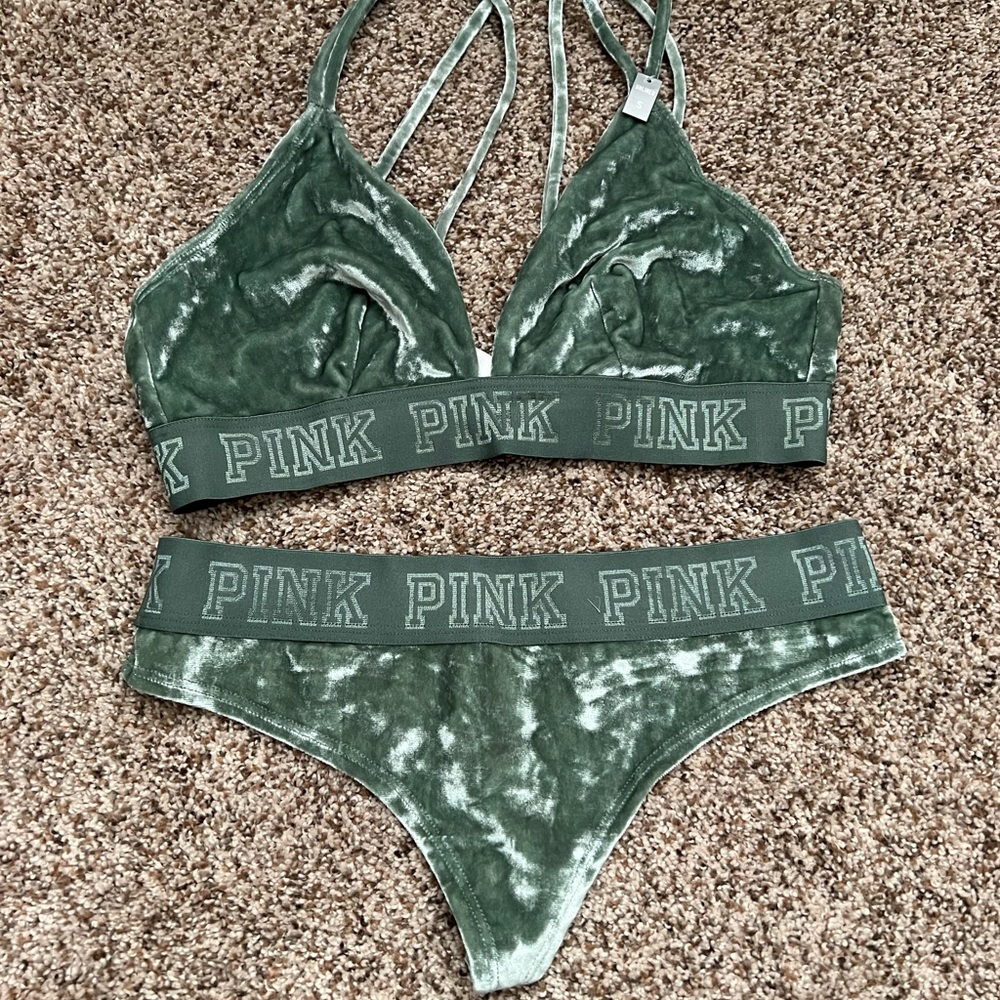 Victoria’s Secret pink - green velvet bralette and thong